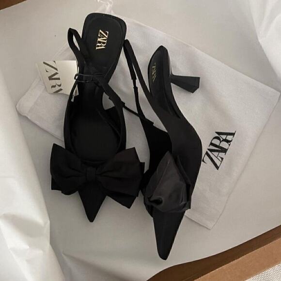 ZARA Black Bow Slingback Heels NWT – Embellished Pointed Toe Pumps, Size 7.5 - Picture 12 of 16